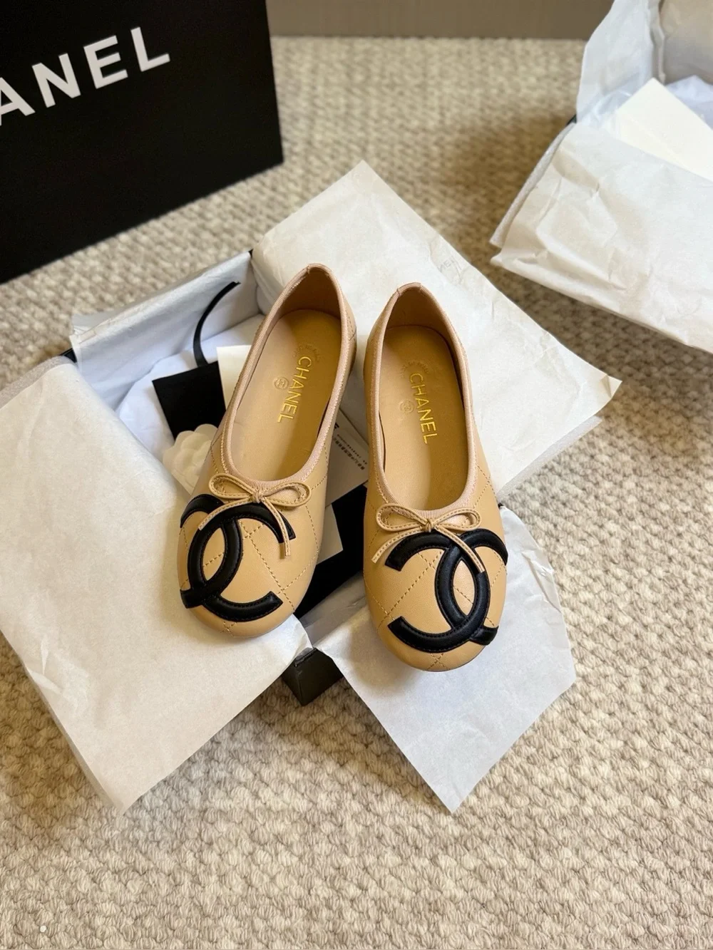 Chanel Beige Black CC Bow Ballet Flats